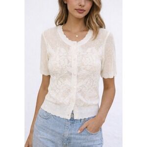 Meg & Margot White Floral Knit Cardigan Size L Sheer Romantic Coquette Feminine